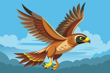 Fototapeta premium A colorful cartoon bird soaring through the sky with its wings spread wide.