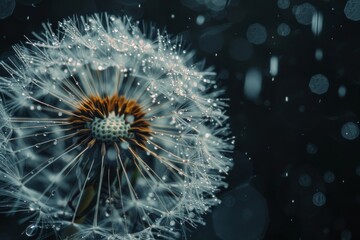 Close-up of a dandelion with water droplets, dark background