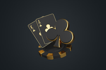 Stylish and sophisticated black and gold playing cards featuring the king and ace of clubs with a matching poker chip on a dark background. 3D render illustration