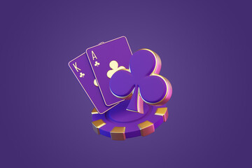 A striking image of purple and gold playing cards, the king and ace of clubs, leaning on a colorful casino chip against a purple backdrop. 3D render illustration