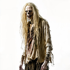 A zombie standing against a white background. They have long, shaggy hair and are wearing tattered clothing that appears to be dirty and torn.