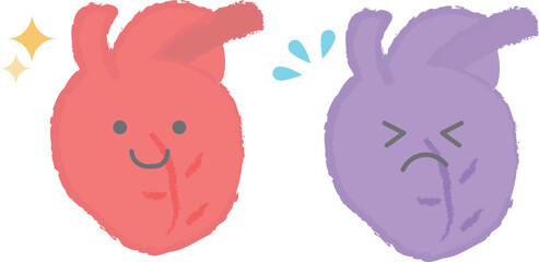 健康な心臓と弱った心臓　手書き風キャラクター