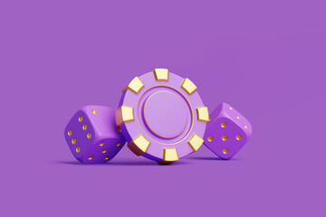 A set of golden dice and a casino chip with gold accents, set against a purple background, symbolizing luxury gambling. 3D render illustration