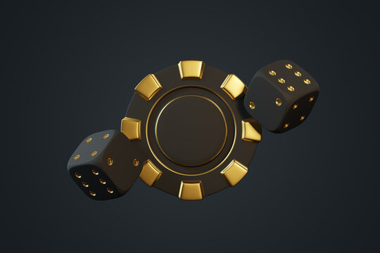 A sleek image of golden dice and a poker chip on a dark background, representing luxury gambling and high stakes. 3D render illustration