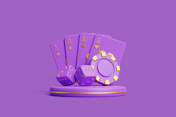 Fototapeta premium A vibrant image of poker cards, dice, and a purple chip, symbolizing gambling, luck, and casino games on a violet background. 3D render illustration