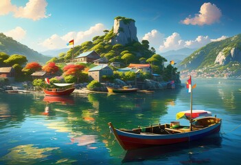 Obraz premium tranquil harbor fishing boat moored calm waters sunny day, nautical, vessel, maritime, dock, pier, serene, reflection, seascape, sailboat, ocean, peaceful