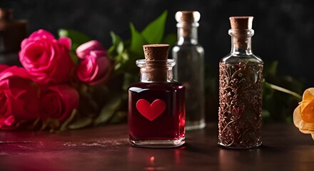 Bottle of magic potion with flowers on wooden table. Gothic Valentine