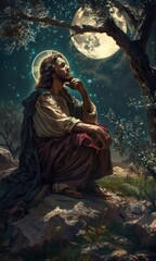 Spiritual reverence: Jesus Christ prays to god father, depicting profound act of prayer, exemplifying humility, spiritual communion between son and father in christian faith.