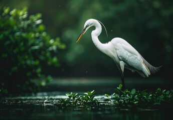 White Egret Standing In Green Water