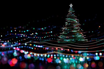 Electronic Christmas tree created with generative AI technology, colorful lights on a dark background