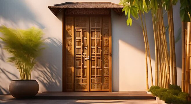 Traditional woven bamboo pattern door with morning sunlight
