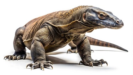 Obraz premium A Large Komodo Dragon Isolated On A White Background.