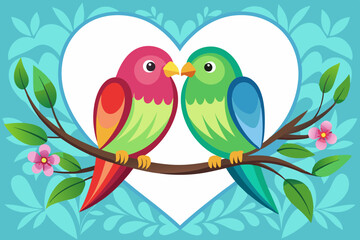 two lovebirds sitting heart shaped branch vector illustration