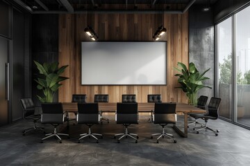 Modern conference room with wooden panels and plants.