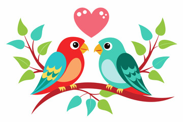 two lovebirds sitting heart shaped branch vector illustration