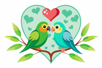 two lovebirds sitting heart shaped branch vector illustration