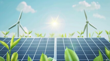 Solar panels and wind turbines stand tall amidst lush green foliage, representing a sustainable future.