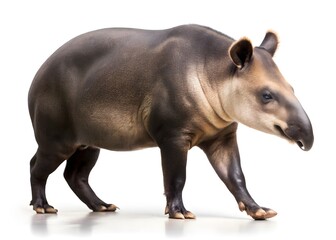 Fototapeta premium A Large Tapir Walks On A White Surface. It Has A Long Snout And A Grey Body With A White Belly.