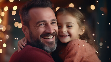 A happy father and his daughter sharing a hug, looking at the camera with joyful expressions, perfect for a Father's Day banner. 