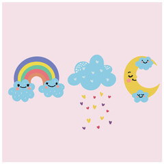 Cute doodle little moon clouds and rainbow cartoon illustration