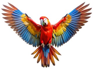 Fototapeta premium A Brightly Colored Parrot With Its Wings Spread Wide In Flight Against A White Background