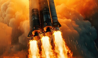 Launch of a Giant Manned Rocket in Vivid Colors