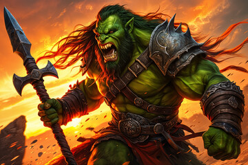 A muscular green orc with a beard, holding a large sword and standing against a fiery background.