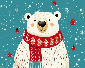 Cute funny white polar bear in knitted scarf on a blue winter snow background. Christmas cartoon greeting card, New Year holiday banner, copy space.
