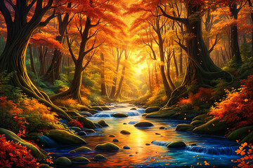 Fototapeta premium A serene forest scene with a winding river, surrounded by tall trees and vibrant autumn foliage.