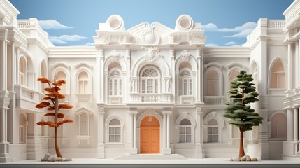 The exterior of a historic building with a paper art facade, showcasing the architectural details in a unique, textured paper format that captures the building's essence. Illustration, Minimalism,