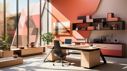A minimalist office interior with sleek paper art accents, such as geometric paper sculptures on desks and framed paper cutouts of motivational phrases on the walls. Illustration, Minimalism,