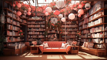 Obraz premium A cozy bookstore with paper art displays, such as book covers recreated in paper art and paper mobiles of literary characters hanging from the ceiling. Illustration, Minimalism,