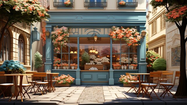 The exterior of a bakery with a charming paper art sign and window displays, featuring paper cutouts of pastries and bread to entice customers. Illustration, Minimalism,