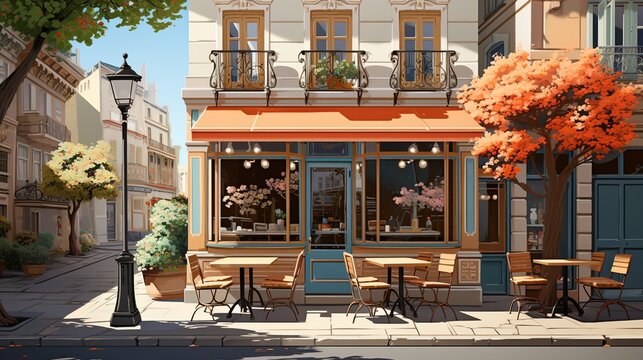 The exterior of a bakery with a charming paper art sign and window displays, featuring paper cutouts of pastries and bread to entice customers. Illustration, Minimalism,
