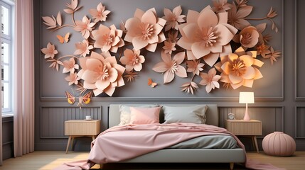 A chic bedroom with paper art headboard decorations, such as paper flowers, paper vines, and paper butterflies creating a whimsical and inviting atmosphere. Illustration, Minimalism,