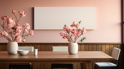 A stylish dining area with paper art place cards and menus, adding a unique and personalized touch to the table settings for a special dining experience. Illustration, Minimalism,