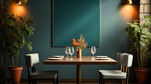A stylish dining area with paper art place cards and menus, adding a unique and personalized touch to the table settings for a special dining experience. Illustration, Minimalism,