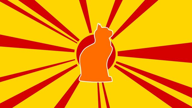 Cat symbol on the background of animation from moving rays of the sun. Large orange symbol increases slightly. Seamless looped 4k animation on yellow background