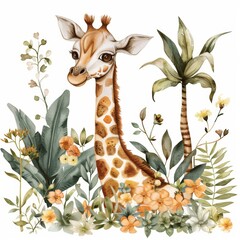 Fototapeta premium Watercolor illustrations from the collection with a cute giraffe surrounded by flowers, palm trees, shrubs, leaves and other elements highlighted on a white background.