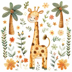 Watercolor illustrations from the collection with a cute giraffe surrounded by flowers, palm trees, shrubs, leaves and other elements highlighted on a white background.