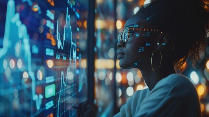 HUD computer hologram, graphs, and woman analyzing financial data, stock market database, or futuristic night overlay for Forex UI investment