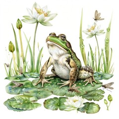Watercolor illustrations from the collection with a cute frog surrounded by plants, lily pads, lilies, mosquitoes, reeds and other elements isolated on a white background.