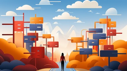 A person standing in front of a crossroads with multiple signposts pointing in different directions, representing the difficult decisions and paths in mental health treatment. Illustration,