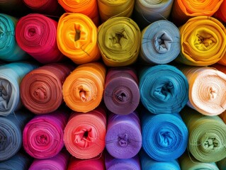 Brightly-hued fabric rolls for sewing and cross-stitching projects.