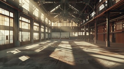 Industrial Warehouse with Sunlight Streaming Through Windows, Generative AI