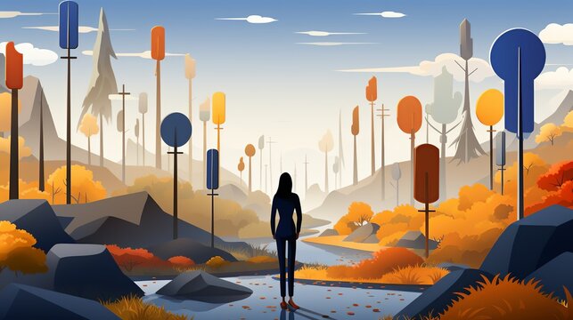 A person standing in front of a crossroads with multiple signposts pointing in different directions, representing the difficult decisions and paths in mental health treatment. Illustration,