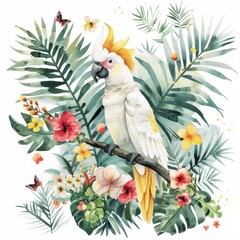 watercolor illustrations from the collection with a cute parrot surrounded by flowers, palm trees, shrubs, leaves and other elements isolated on a white background.
