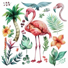 Fototapeta premium watercolor illustrations from the collection with a cute flamingo surrounded by flowers, palm trees, berries, leaves and trees and other elements isolated on a white background.
