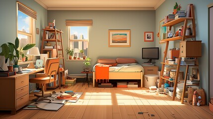 A split image of a messy, disorganized room on one side and a clean, orderly room on the other, highlighting the impact of mental state on oneâ€™s environment. Illustration, Minimalism,
