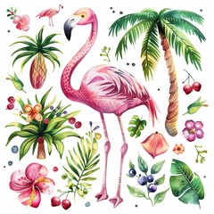Obraz premium watercolor illustrations from the collection with a cute flamingo surrounded by flowers, palm trees, berries, leaves and trees and other elements isolated on a white background.